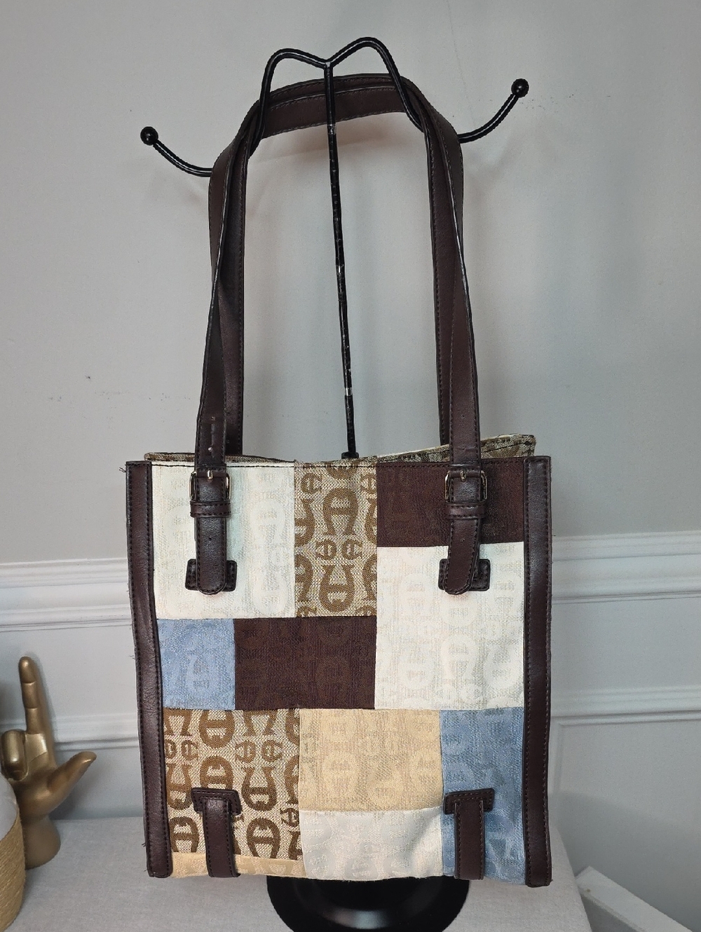 Etienne Aigner Patchwork Tote in Brown, Cream, Blue